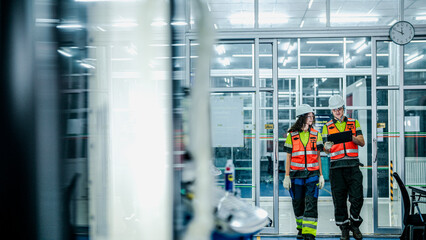 A male and female engineer in hard hats and safety vests use a tablet. They are collaborating in a modern, high-tech smart factory or cleanroom.