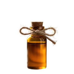 Small amber glass bottle with cork and twine isolated on transparent background