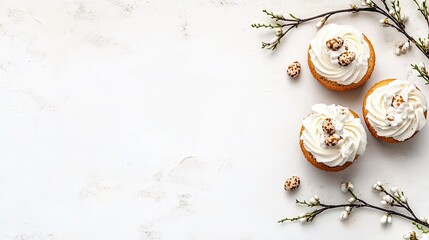 Delicious cupcakes topped with cream and chocolate sprinkles arranged on a light background with decorative branches
