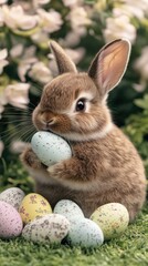 A delightful bunny clutches a pastel-colored egg while sitting in a vibrant garden filled with an array of colorful eggs, celebrating the joys of springtime festivities