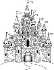 Obraz premium A detailed black and white illustration of a large medieval fairytale castle with flags atop its towers and a grand entrance gate, perfect for coloring