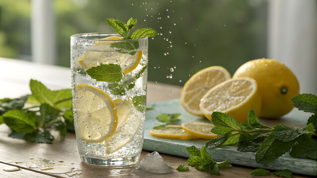 Refreshing lemonade with lemon slices and mint leaves on a wooden table