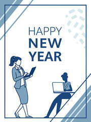 Naklejka premium Professional New Year Greeting Card – 2027 Celebration with Laptop Users & Geometric Blue Office Theme