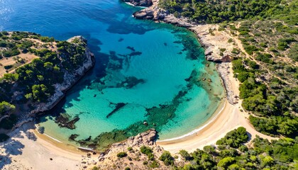 A perfect holiday escape awaits in this stunning aerial view of a secluded bay, where shimmering turquoise waters meet a pristine sandy beach, surrounded by lush, vibrant coastal cliffs