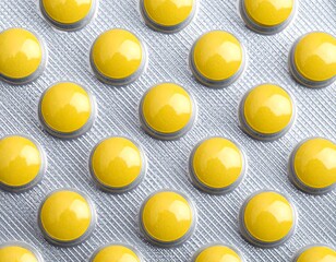 Uniform rows of bright yellow pills encased in metallic silver blister packaging, displayed in a close-up view