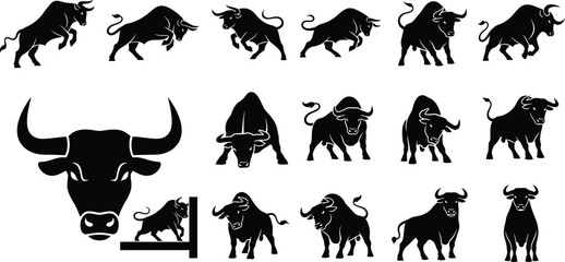 Collection of black bull silhouettes in various poses and perspectives