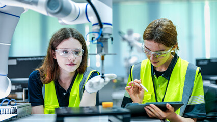 Two female robotics engineers in an R and D lab troubleshoot an AI cobot. One holds a tablet with diagnostic data while the other analyzes the robotic system.