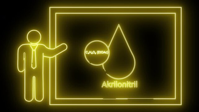 Yellow neon design figure pointing to a board with formulas and a drop shape on a black backdrop