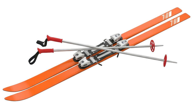 Isolated view of bright orange skis with poles against a neutral background for winter sports