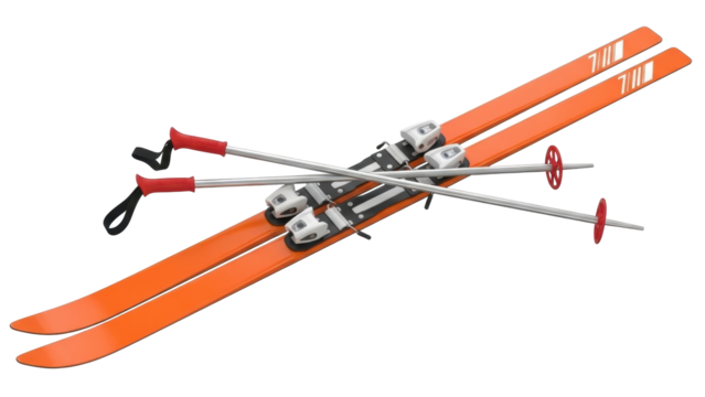 Isolated view of bright orange skis with poles against a neutral background for winter sports