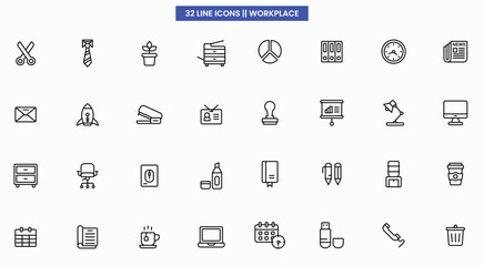 Office workspace Tools set of web icons in line style. Office and coworking icons for web and mobile app. Office, remote working, meeting, co-worker, workspace, desk, computer, business icons and more
