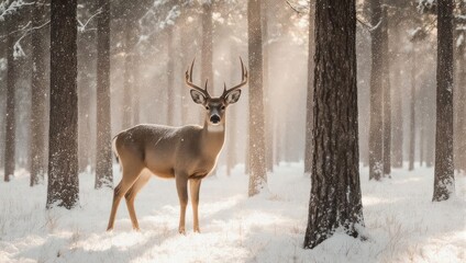 Fototapeta premium Majestic Deer in Winter Forest - A Serene Wildlife Encounter.