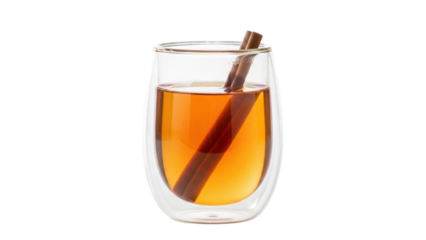 Isolated amber drink with cinnamon sticks in a double-walled glass on a neutral background