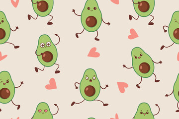 Seamless pattern with kawaii dancing avocado characters.