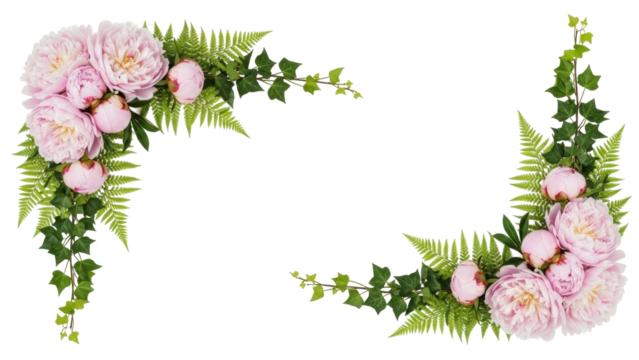 Isolated light pink peonies and greenery frame, lush blooms for wedding cards and layouts