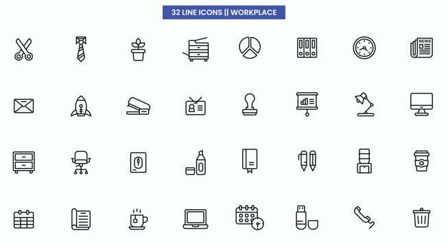 Office workspace Tools set of web icons in line style. Office and coworking icons for web and mobile app. Office, remote working, meeting, co-worker, workspace, desk, computer, business icons and more