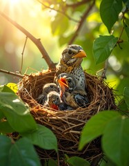 Mother bird feeding her hungry chicks in a nest nestled among green leaves with warm sunlight filtering through the branches.