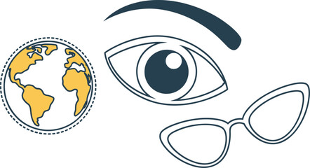 Minimalist global vision illustration, eye and eyeglasses concept, world observation design, travel insight artwork, modern line art graphic style