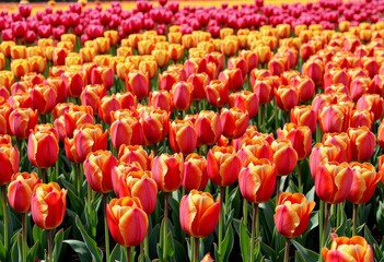 Vibrant Field of Multicolored Tulips Blooming Under Sunlight in a Picturesque Garden Landscape Capturing the Essence of Spring and Nature's Beauty
