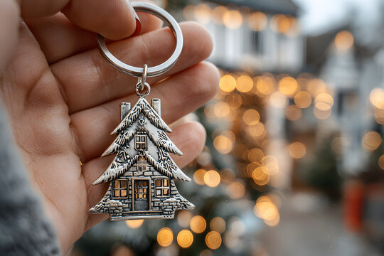 Hand Holding House-Shaped Keychain with Engraving Christmas Tree Background Real Estate Theme Warm Bokeh Lights, Happy New Year 2026 and Christmas Day