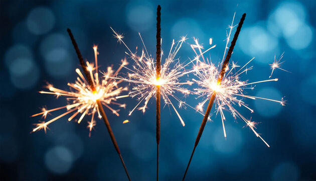 Christmas and New Year party sparklers on blue bokeh background