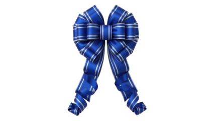 Isolated blue ribbon bow with silver trim on transparent background, elegant decoration