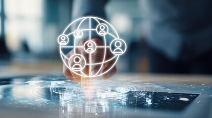 Business professional touching a digital globe interface with connected user icons, representing global network, community connection, international collaboration, and digital social interaction