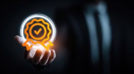 Business professional holding a glowing digital badge icon with a check mark, representing verification, certification, approval, quality assurance, and achievement 