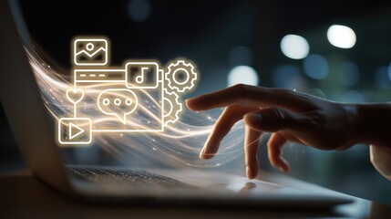 Hand interacting with glowing digital icons (image, music, comment, heart, play, gear) above a laptop, representing multimedia integration, social engagement, app functionality, and tech interaction