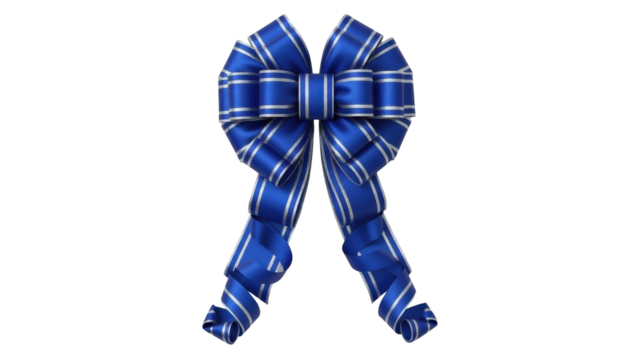 Isolated blue ribbon bow with silver trim on transparent background, elegant decoration