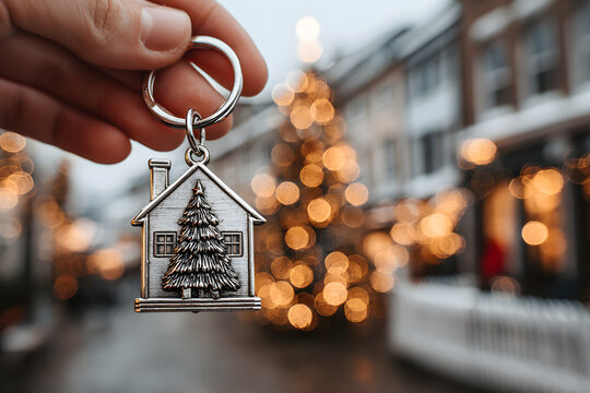 Hand Holding House-Shaped Keychain with Engraving Christmas Tree Background Real Estate Theme Warm Bokeh Lights, Happy New Year 2026 and Christmas Day