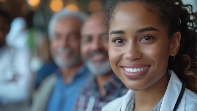 A smiling girl in a white coat against a blurred background of colleagues creates a friendly atmosphere — an excellent background for presentations of medical clinics and nursing courses.
