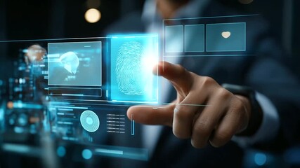 Faceless person scanning fingerprint on futuristic interface, defocused digital elements, identity verification concept, secure data access, modern cybersecurity solution, biometri - Powered by Adobe