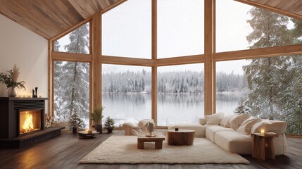 Naklejka premium Cozy winter retreat with a stunning view of snow-covered trees by the lake