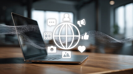 Laptop with glowing global icon surrounded by social media symbols (comment, user, 喇叭,like, heart, camera, image, video) representing international social network, digital media engagement