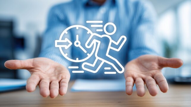 Professional presenting digital icon (running figure with clock) representing time management, productivity, efficiency, task speed, and work optimization in a modern office setting