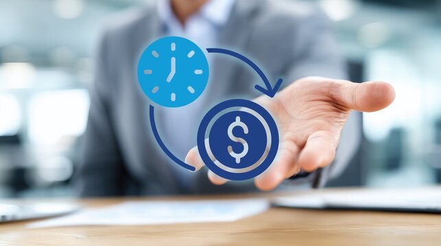 Business professional presenting digital icon (clock connected to dollar sign) representing time value, financial efficiency, time-based revenue, work profitability, and resource optimization