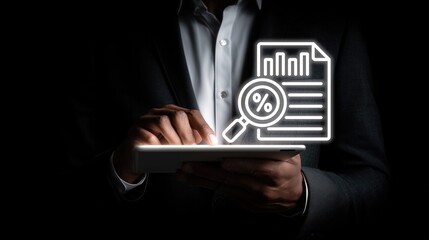 Professional using tablet to interact with glowing digital icon (document, bar chart, magnifying glass with percentage) representing data analysis, report review, percentage tracking
