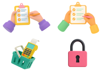 Checklist with hands holding clipboards and pink padlock illustration security approval verification document privacy protection design, PNG with transparent background