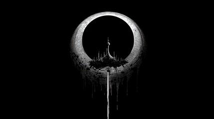 Monochrome sci-fi art of a circular megastructure (orbital ring) with a city spire, representing futuristic architecture, space habitat, speculative design, cyberpunk aesthetics, and advanced urban 