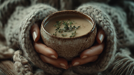 Cozy hands cradle a rustic bowl of warm soup, garnished with fresh herbs, enveloped in a soft, knitted blanket for a comforting embrace.