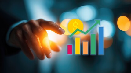 Professional interacting with digital financial growth icon (dollar sign, upward bar chart) representing revenue increase, financial growth, business profit, economic performance, and market expansion