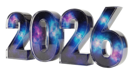 Isolated 2026 year future creative concept, anniversary date with galaxy space filling effect