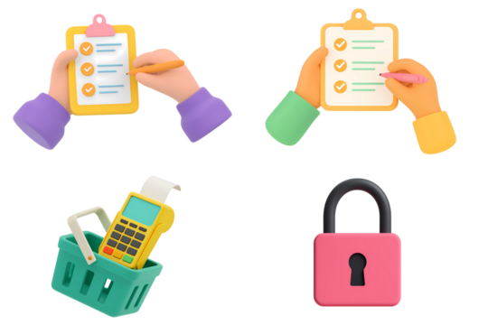 Checklist with hands holding clipboards and pink padlock illustration security approval verification document privacy protection design, PNG with transparent background