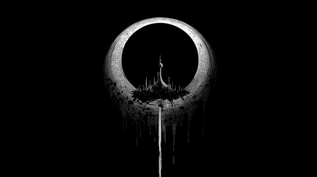 Monochrome sci-fi art of a circular megastructure (orbital ring) with a city spire, representing futuristic architecture, space habitat, speculative design, cyberpunk aesthetics, and advanced urban  - Powered by Adobe