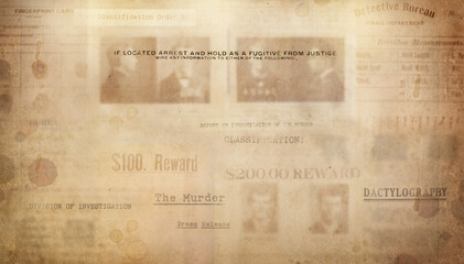 Artistic digital illustration inspired by Newspaper of crime news, police fingerprint are placed on...