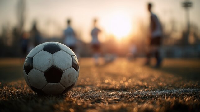 Worn soccer ball on grass field at sunset, with blurred players in background. Golden light, warm hues, and bokeh effects capture sports, game, and outdoor activity mood for design, decor