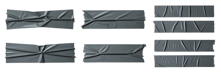 Illustration of collection of torn and wrinkled gray duct tape pieces isolated on transparent background
