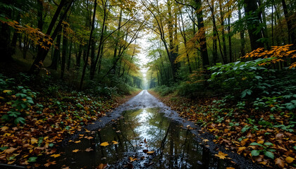A path through a forest with a stream of water running down it
