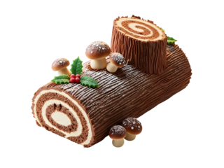 Gourmet Buche de Noel (Yule Log) chocolate cake with mushrooms and holly, isolated 